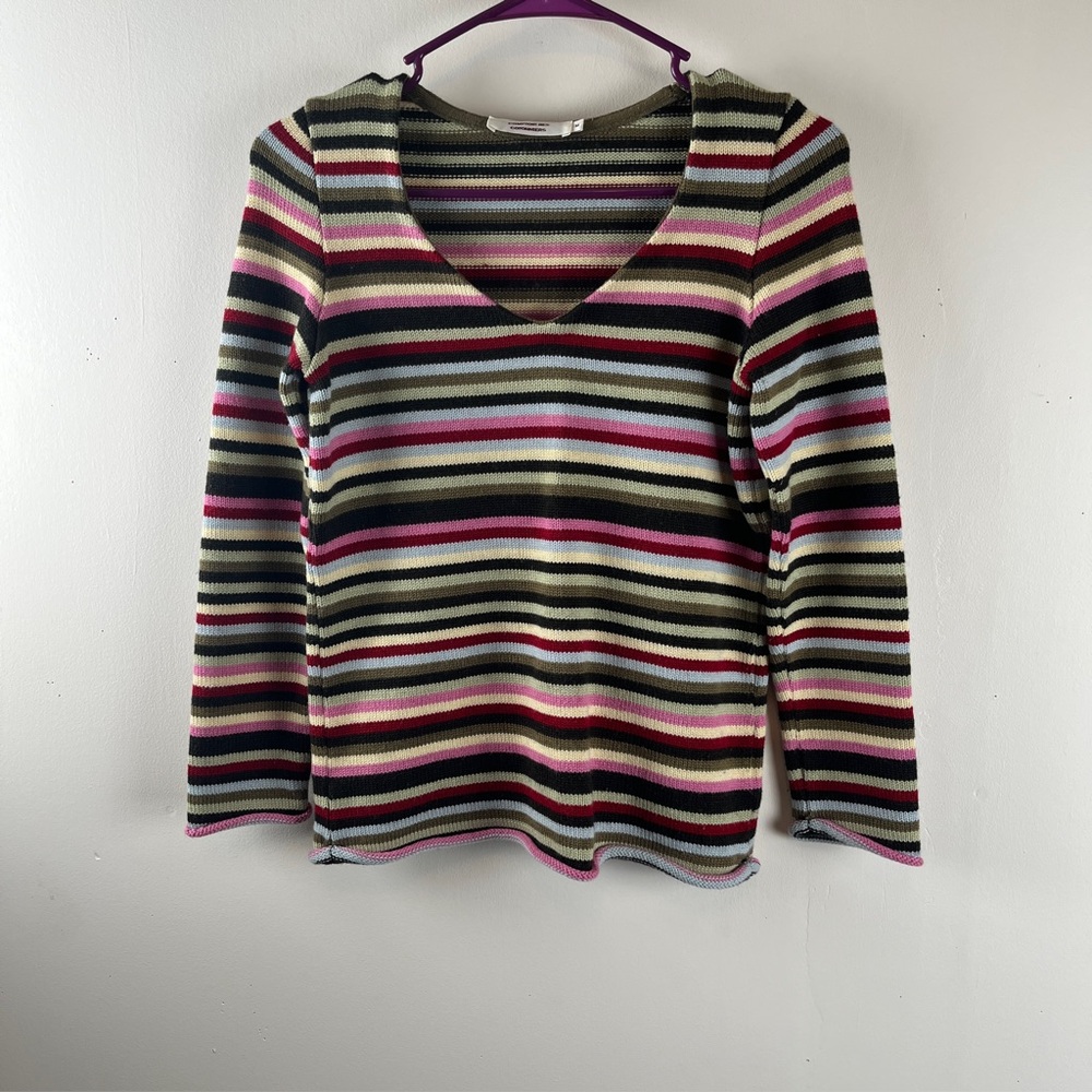 Vintage Comptoir Des Multi-Color Striped V Neck Sweater